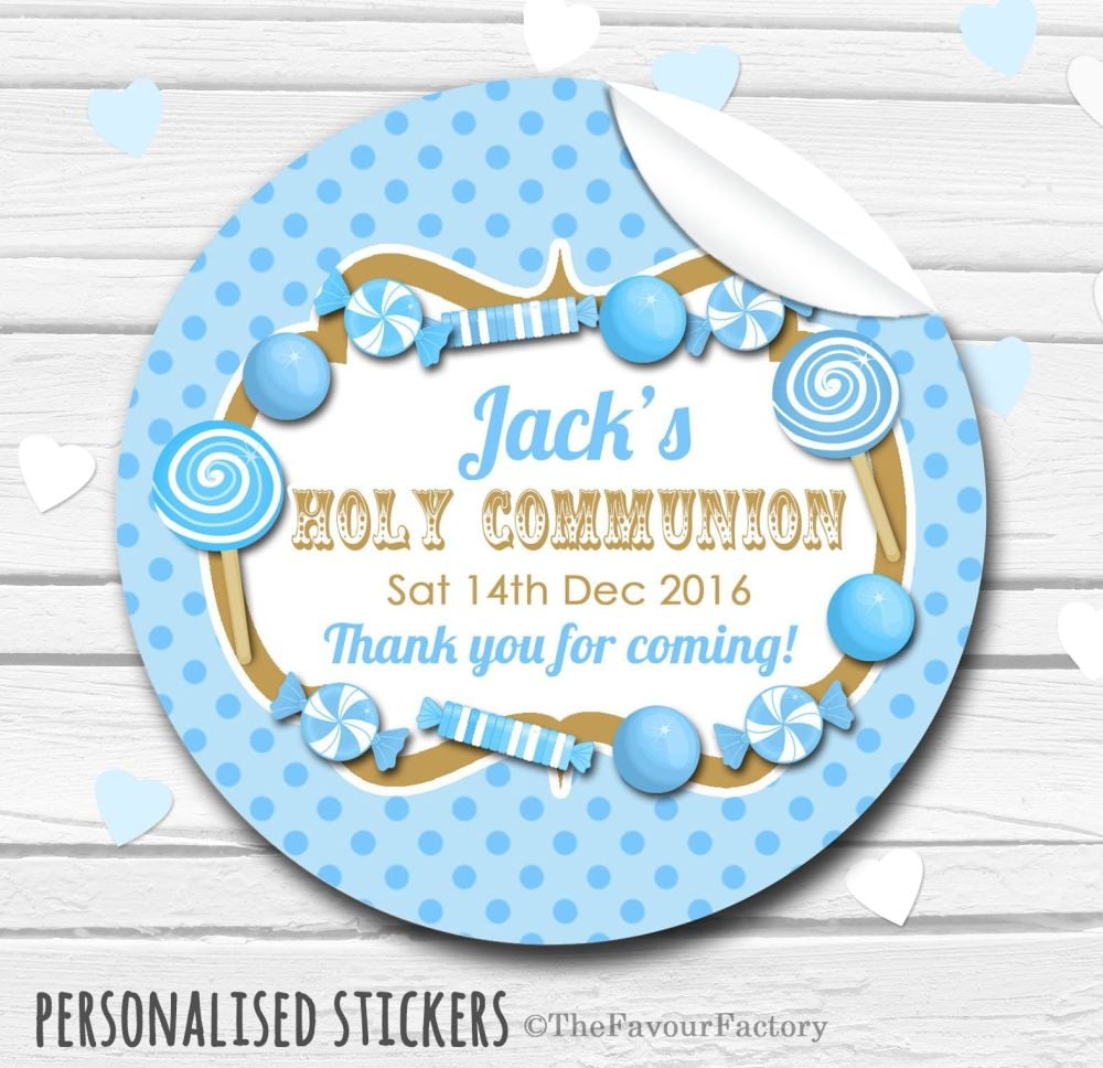 Candy Sweets Blue Personalised Holy Communion Favour Stickers, 1xA4 sheet