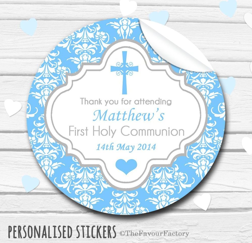 Damask Cross Boys Personalised Holy Communion Favour Stickers, 1xA4 sheet