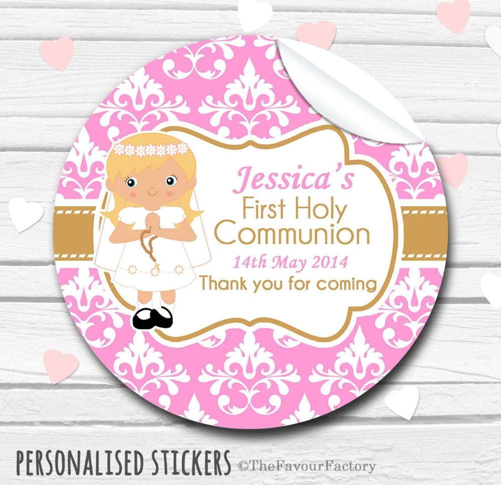 Girl (Blonde Hair) Personalised Holy Communion Favour Stickers, 1xA4 sheet