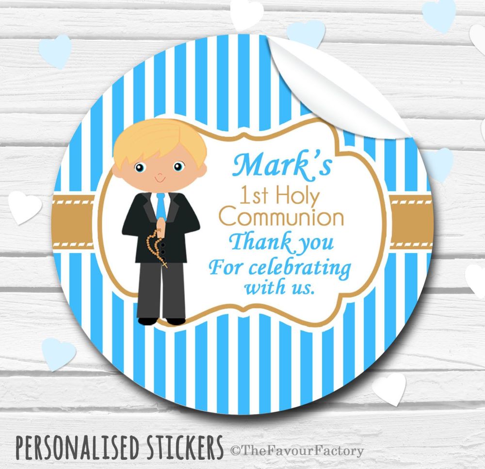 Boy (Blonde Hair) Personalised Holy Communion Favour Stickers, 1xA4 sheet