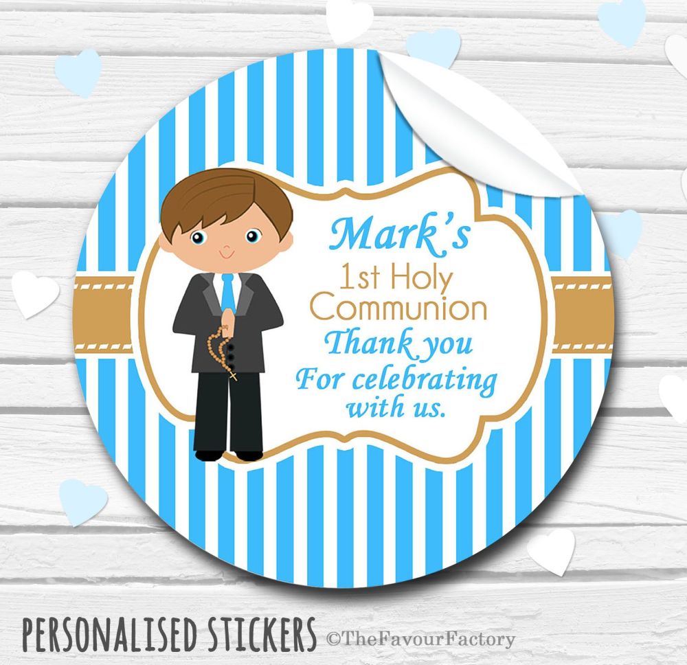 Boy (Brown Hair) Personalised Holy Communion Favour Stickers, 1xA4 sheet