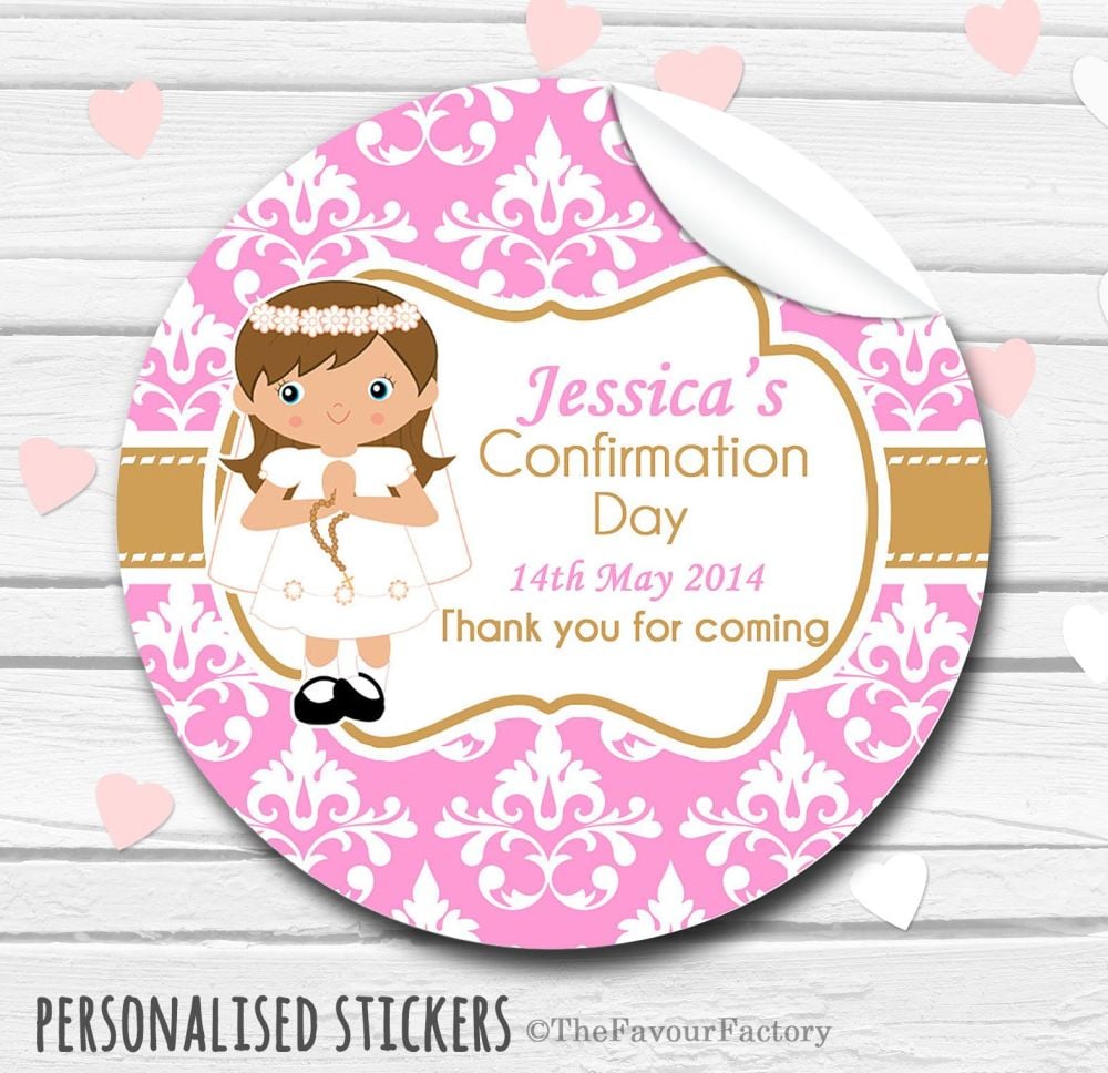 Girl (Brown Hair) Personalised Holy Communion Favour Stickers, 1xA4 sheet