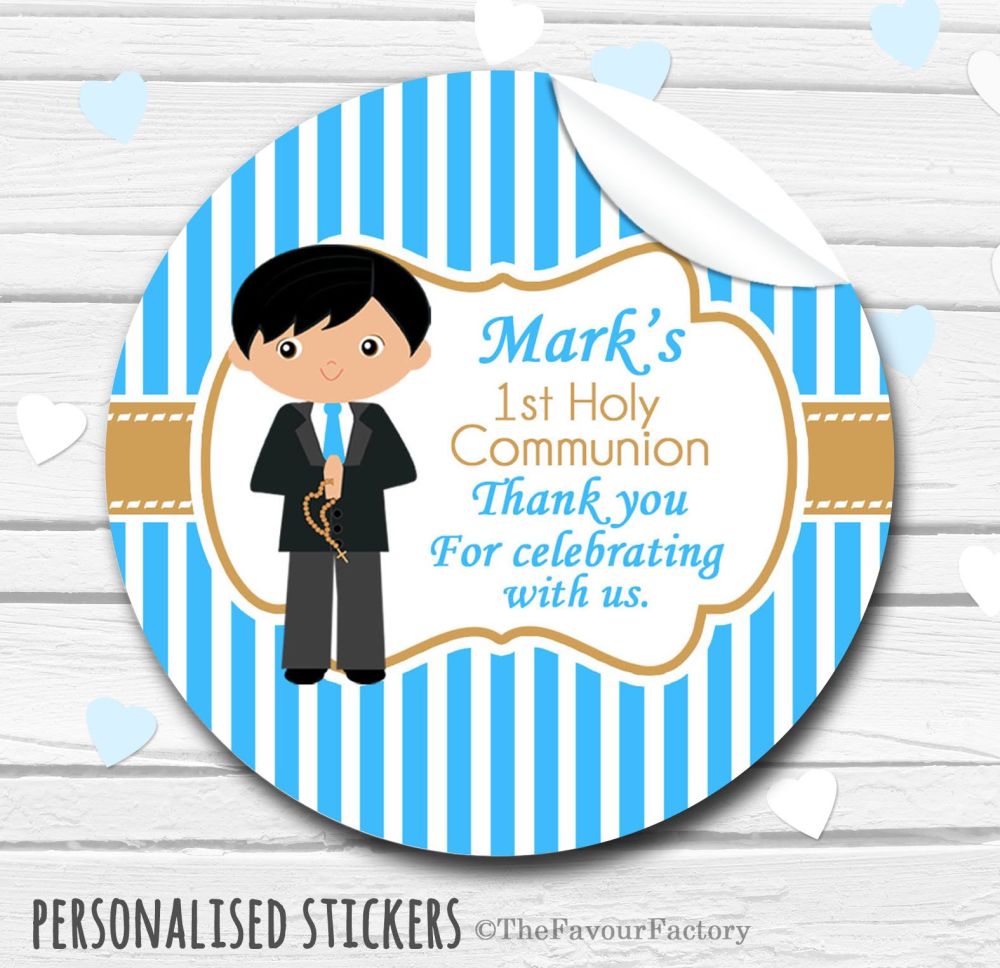 Boy (Black Hair) Personalised Holy Communion Favour Stickers, 1xA4 sheet