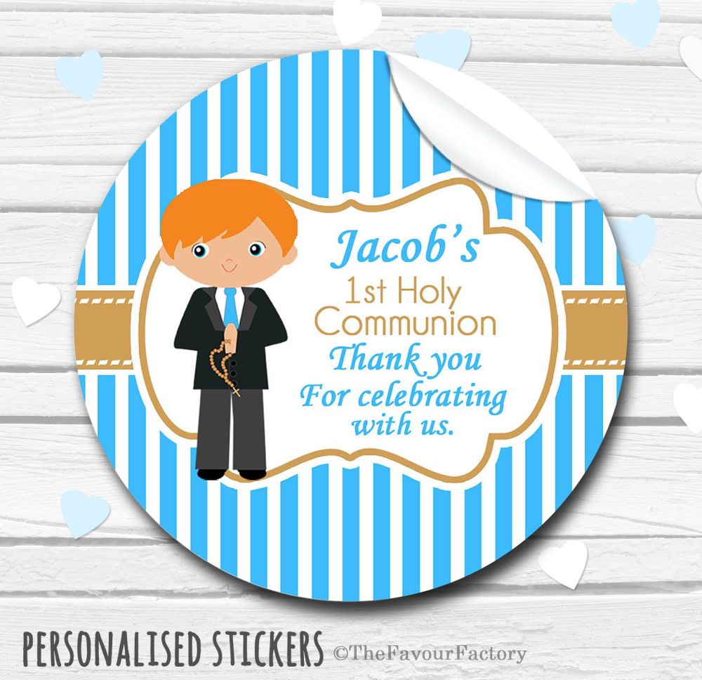 Boy (Ginger Hair) Personalised Holy Communion Favour Stickers, 1xA4 sheet