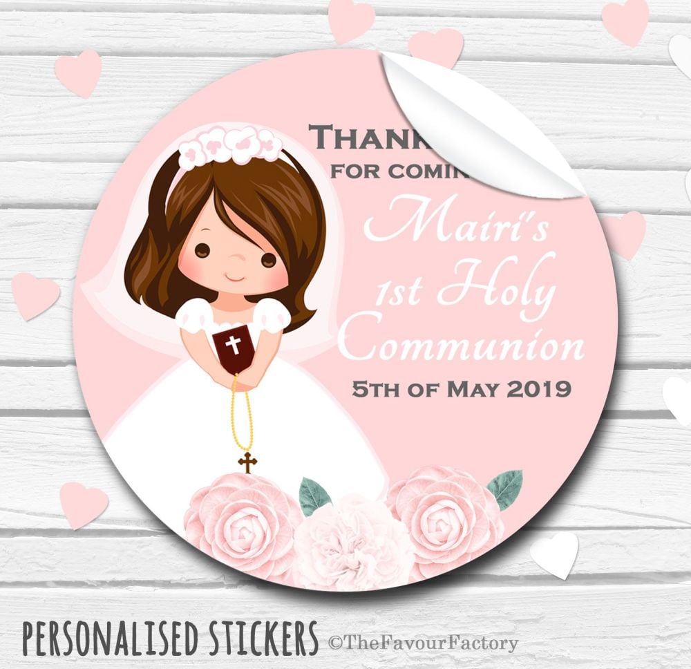 Floral Brunette Girl Personalised Holy Communion Favour Stickers