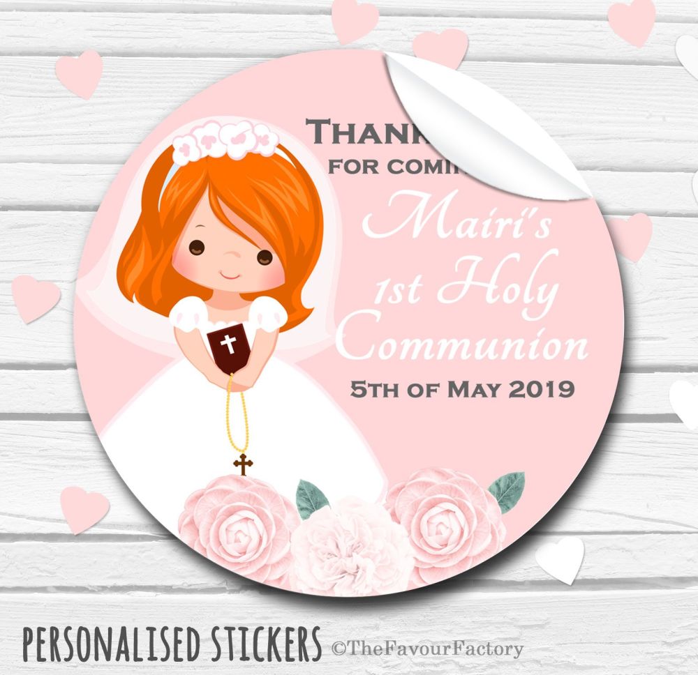 Floral Ginger Hair Girl Personalised Holy Communion Favour Stickers