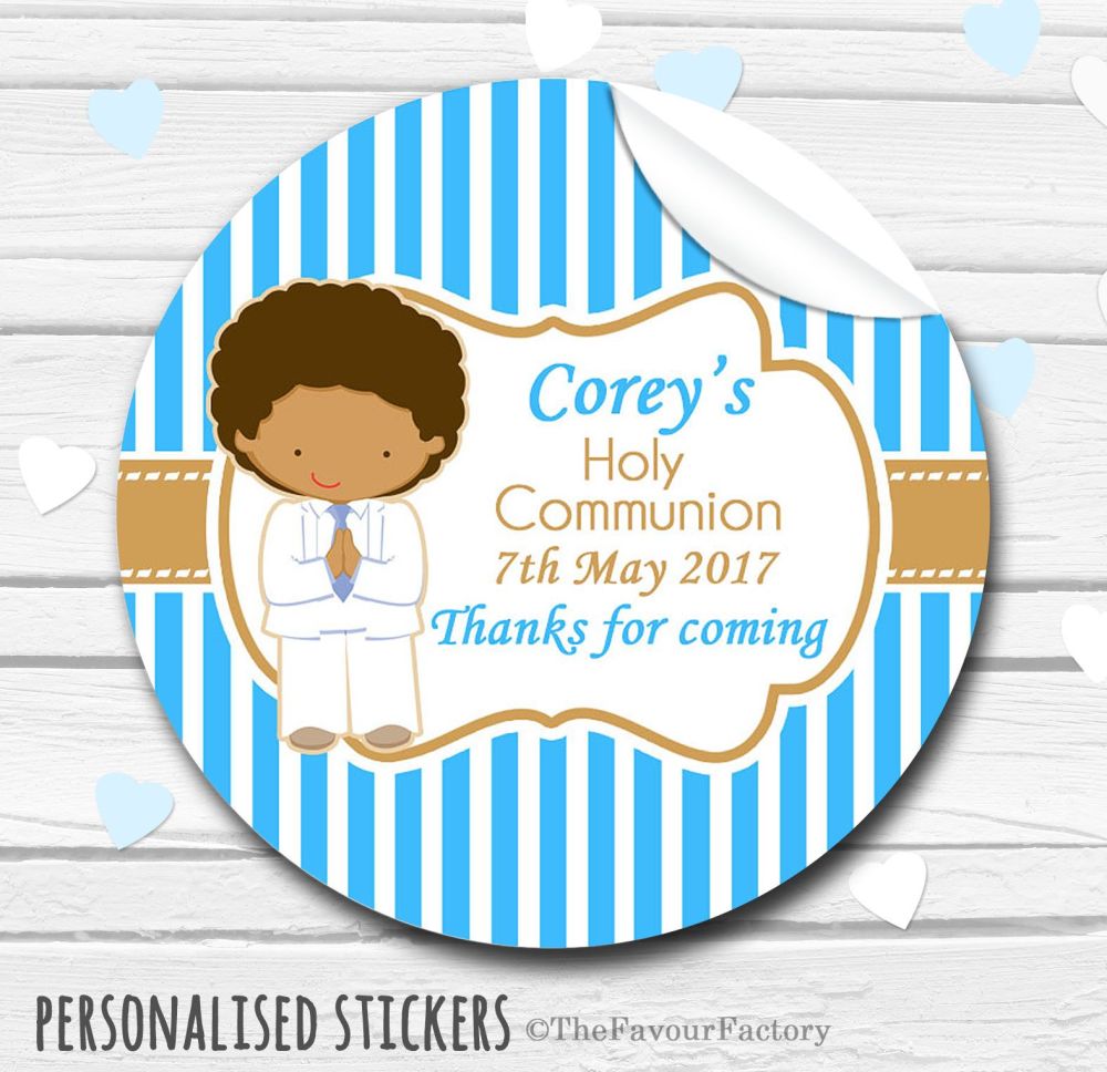 Boy in White Suit Personalised Holy Communion Favour Stickers, 1xA4 sheet