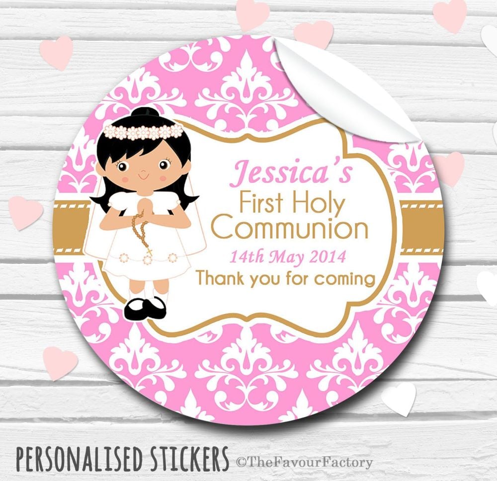 Girl (Black Hair) Personalised Holy Communion Favour Stickers, 1xA4 sheet