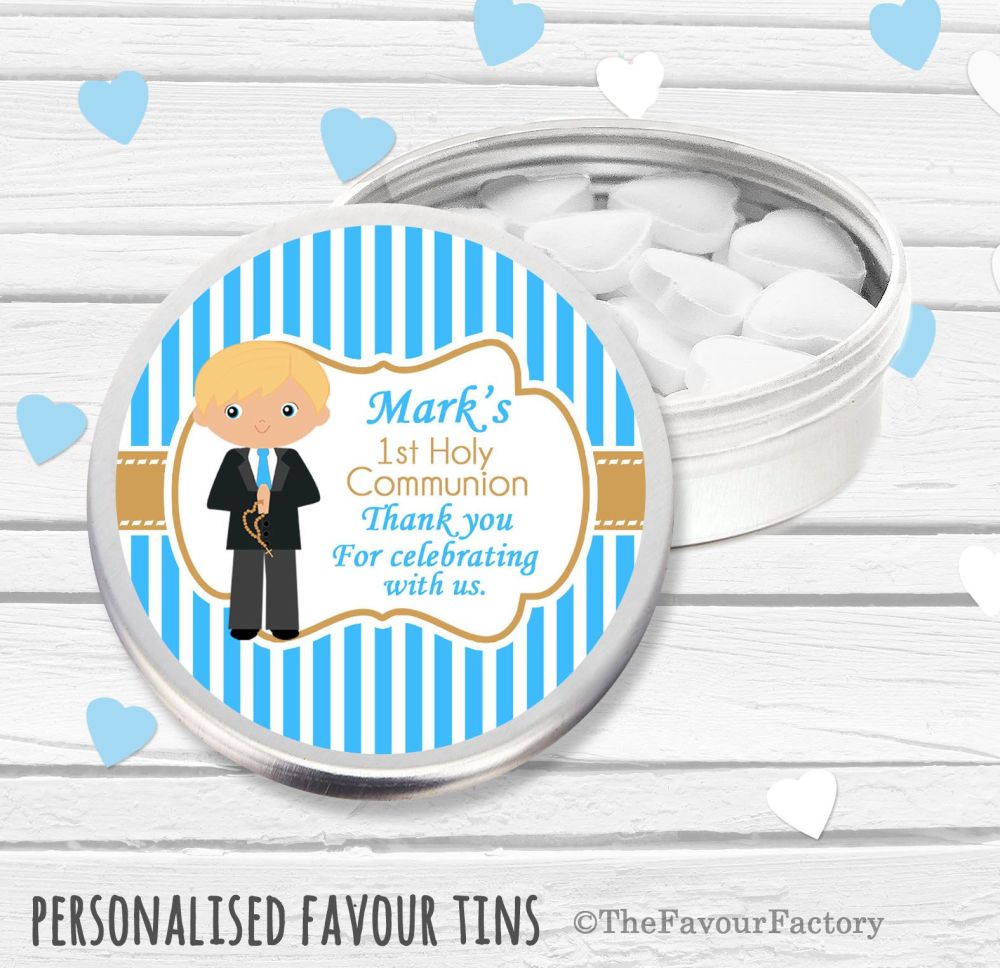 Blonde Hair Boy Personalised Holy Communion Party Favour Tins x1