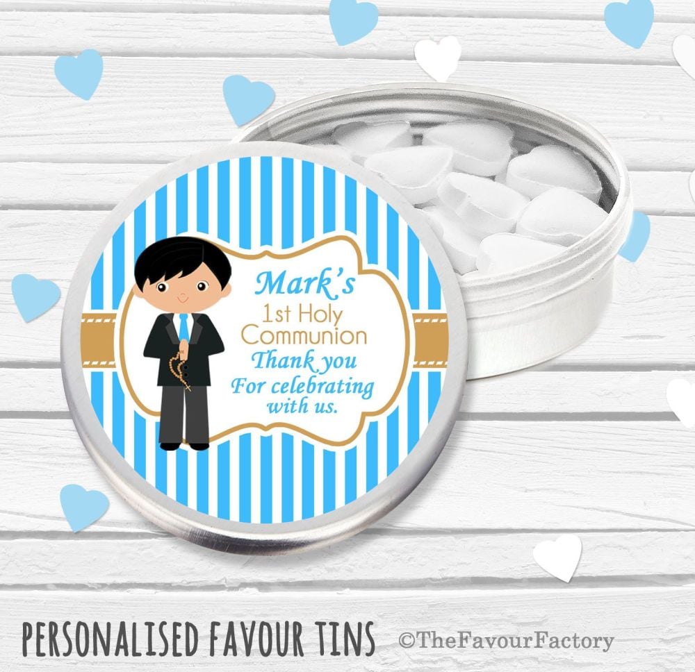 Black Haired Boy Personalised Holy Communion Party Favour Tins x1