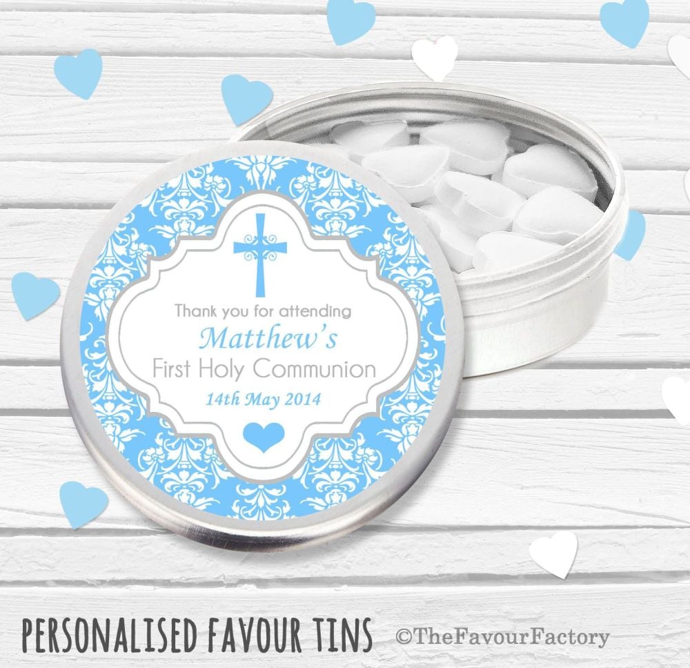 Damask Cross Blue Personalised Holy Communion Party Favour Tins x1