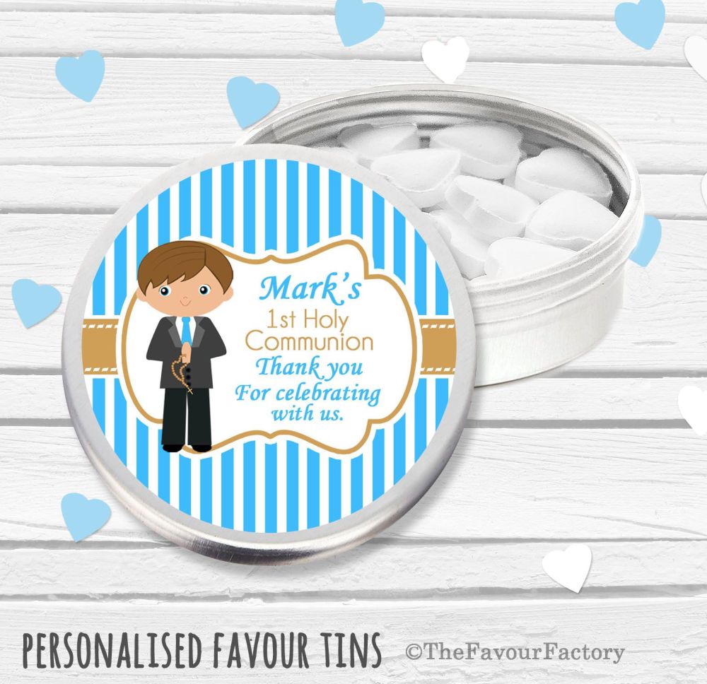 Brown Haired Boy Personalised Holy Communion Party Favour Tins x1