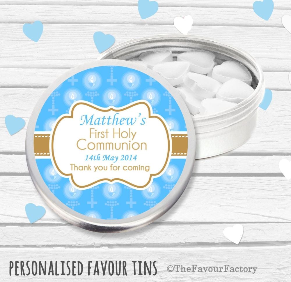Beads & Candles Blue Personalised Holy Communion Party Favour Tins x1