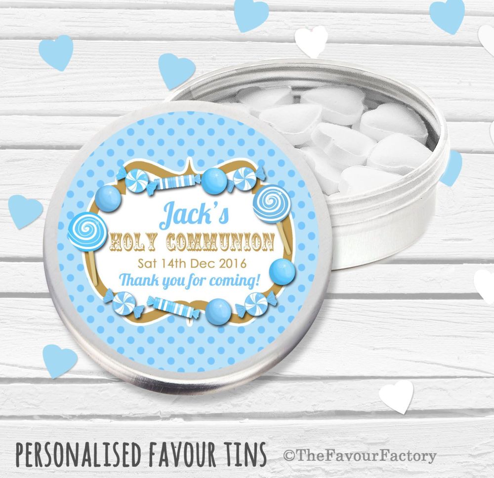 Candy Sweets Blue Personalised Holy Communion Party Favour Tins x1