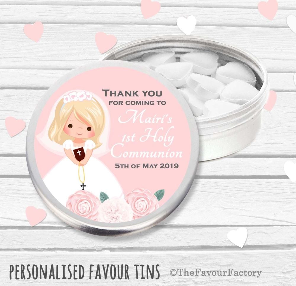 Floral Blonde Hair Girl Personalised Holy Communion Party Favour Tins x1