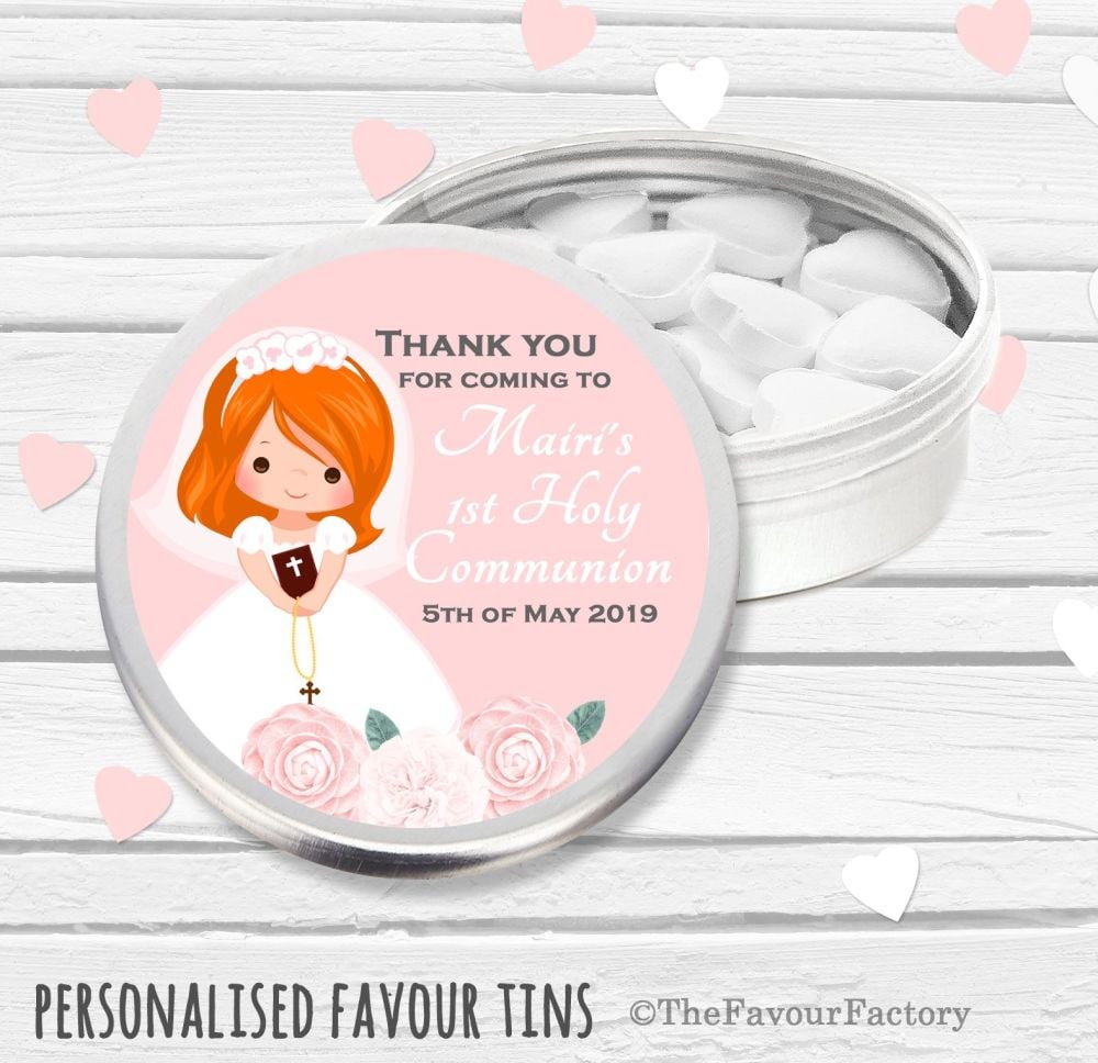 Floral Ginger Hair Girl Personalised Holy Communion Party Favour Tins x1