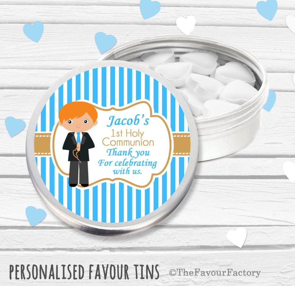 Boy Ginger Hair Personalised Holy Communion Party Favour Tins x1