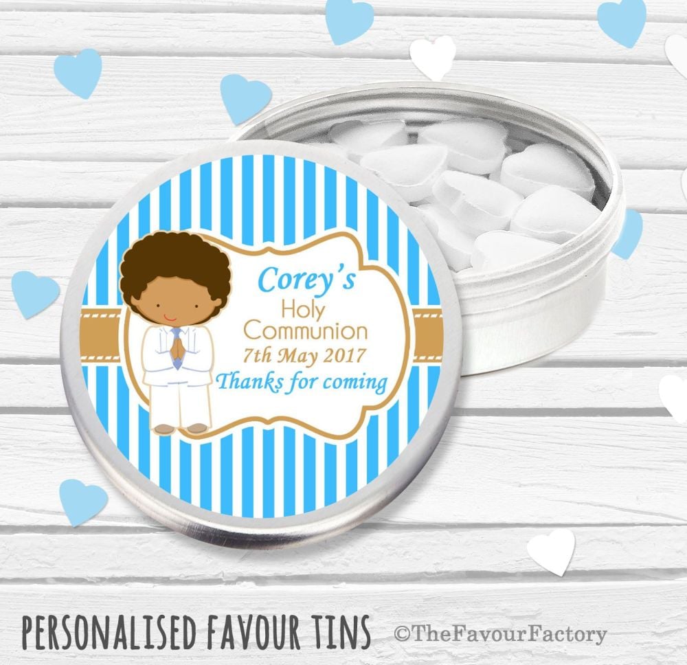 Boy White Suit Personalised Holy Communion Party Favour Tins x1