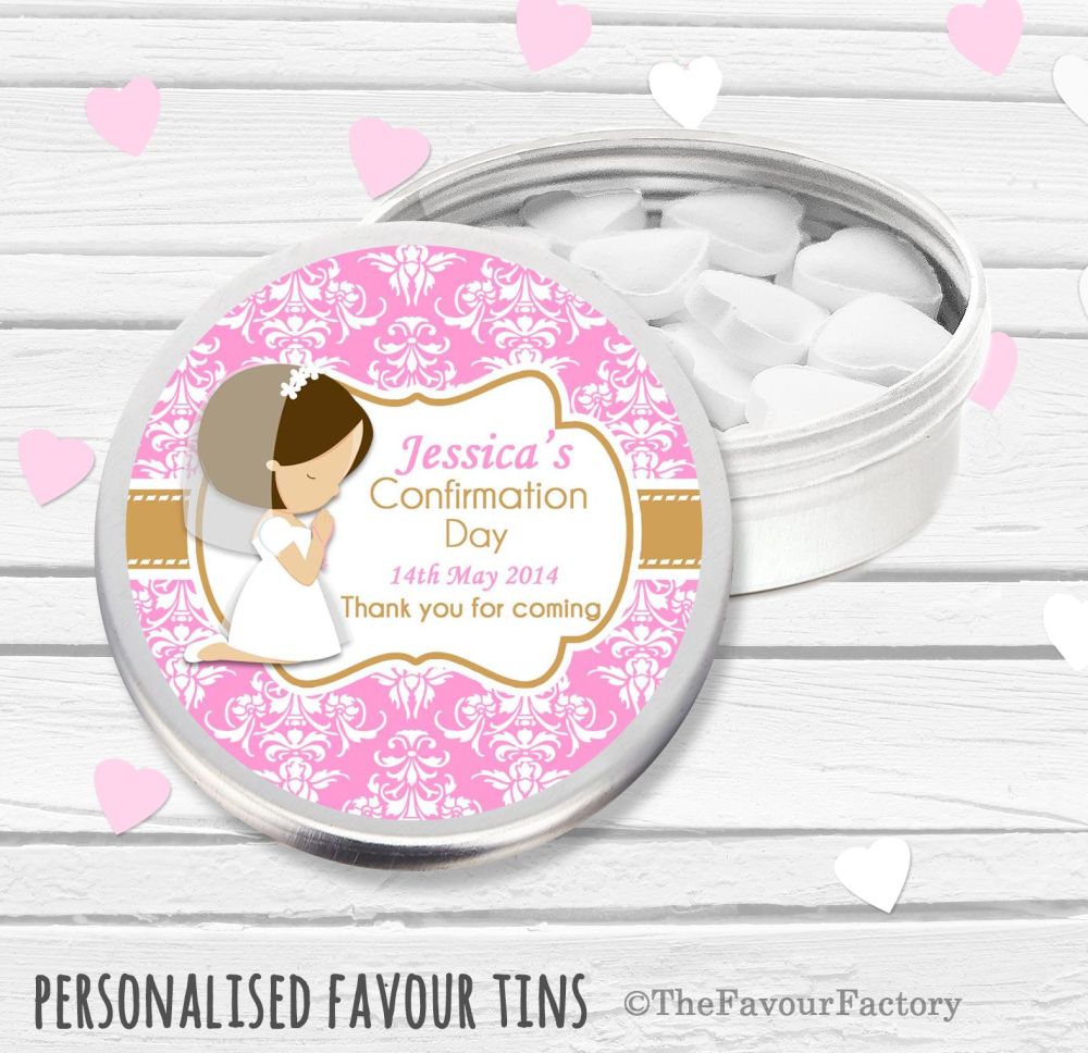 Praying Brown hair Girl Personalised Holy Communion Party Favour Tins x1