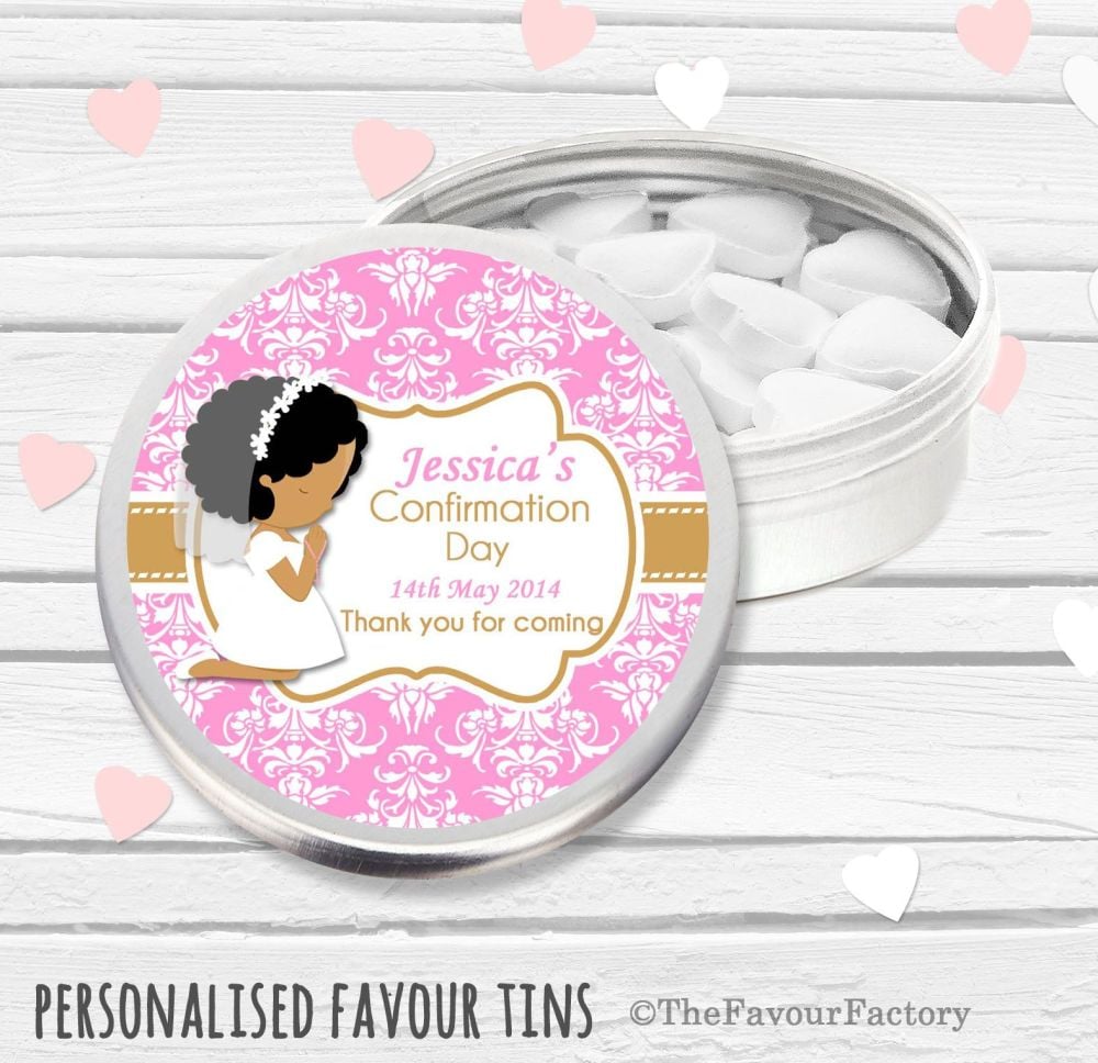 Praying Afro hair Girl Personalised Holy Communion Party Favour Tins x1