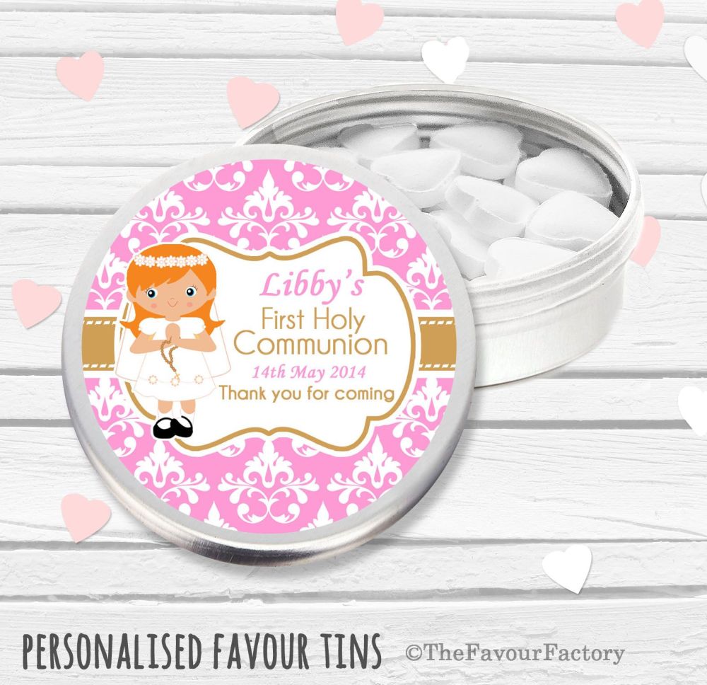 Damask Ginger Hair Girl Personalised Holy Communion Party Favour Tins x1
