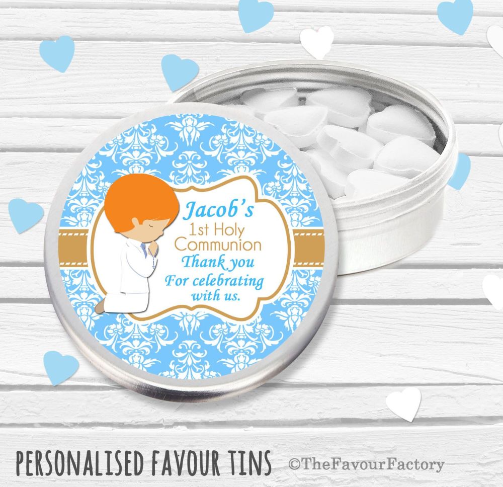 Praying Boy Ginger Hair Personalised Holy Communion Party Favour Tins x1