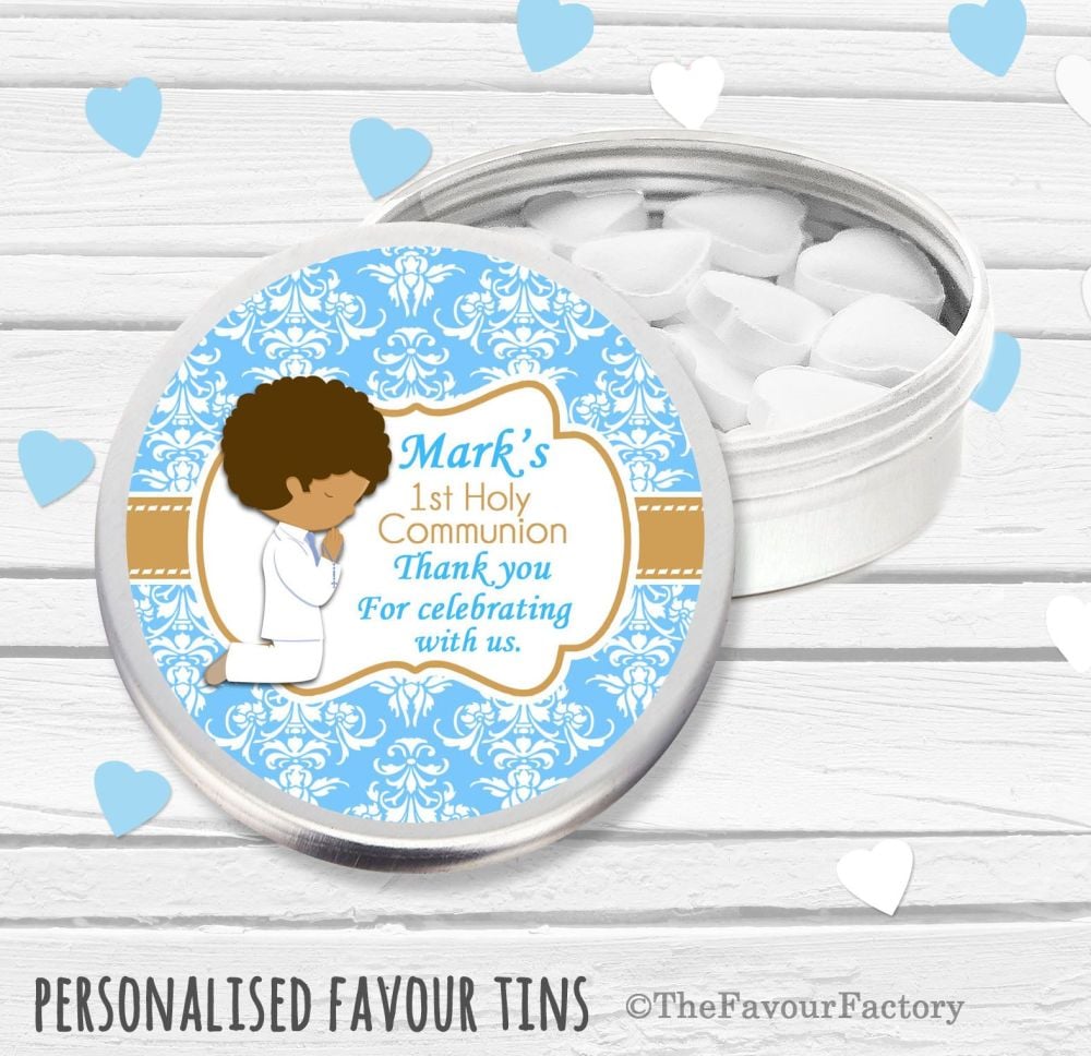 Praying Boy Personalised Holy Communion Party Favour Tins x1