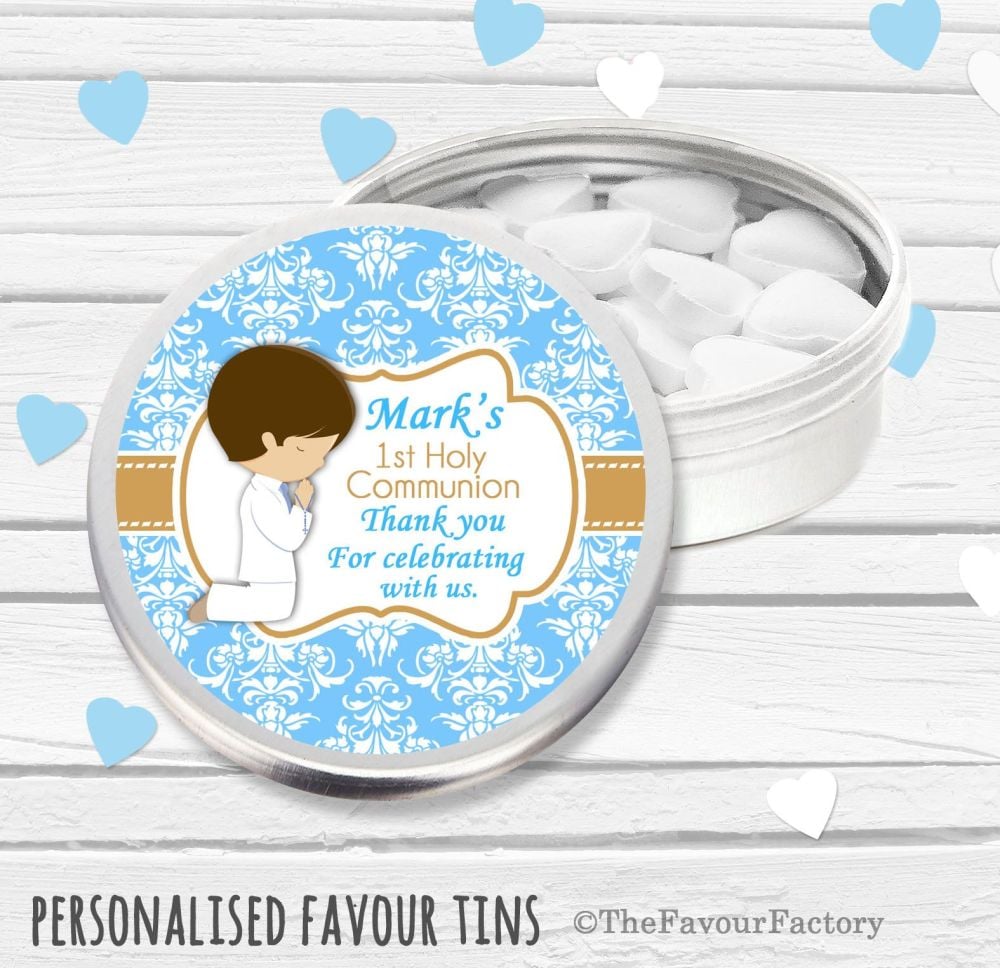 Praying Boy Brown Hair Personalised Holy Communion Party Favour Tins x1