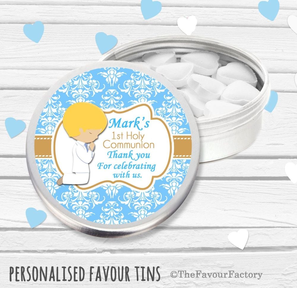 Praying Boy Blonde Hair Personalised Holy Communion Party Favour Tins x1