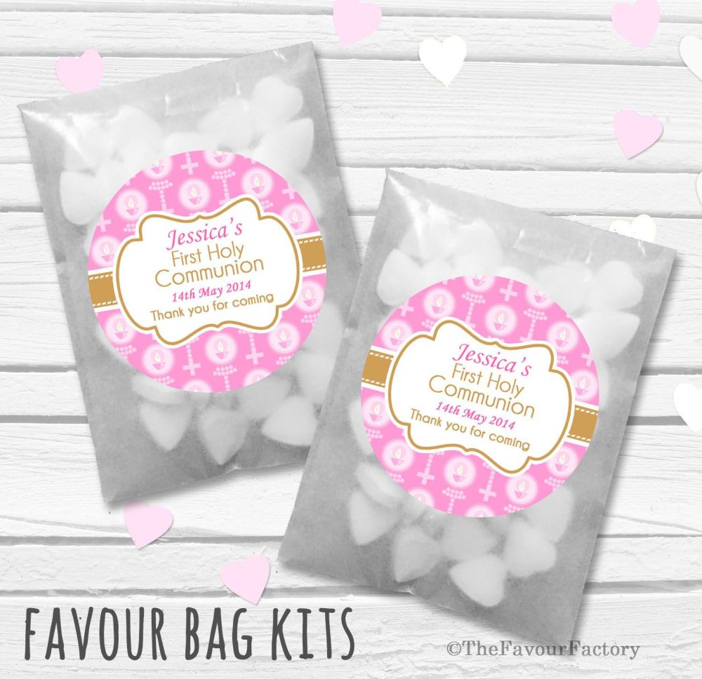 Beads with Candles Pink Personalised Holy Communion Party Favours Glassine