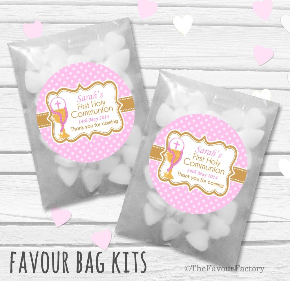 Chalice Pink Personalised Holy Communion Party Favours Glassine Bags Kits x