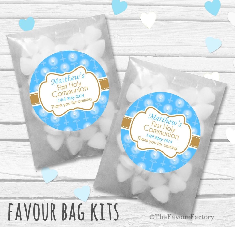 Beads with Candles Blue Personalised Holy Communion Party Favours Glassine