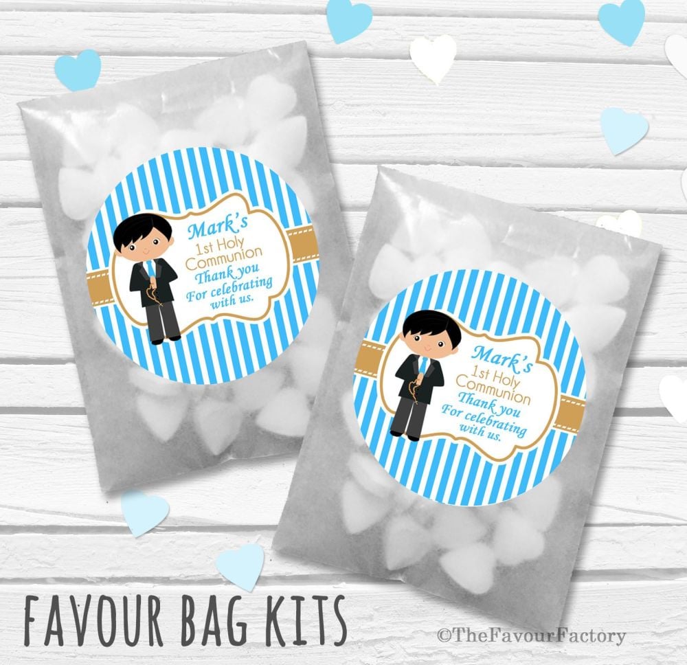 Boy Black Hair Personalised Holy Communion Party Favours Glassine Bags Kits