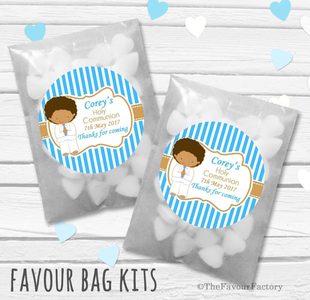 Boy White Suit Personalised Holy Communion Party Favours Glassine Bags Kits