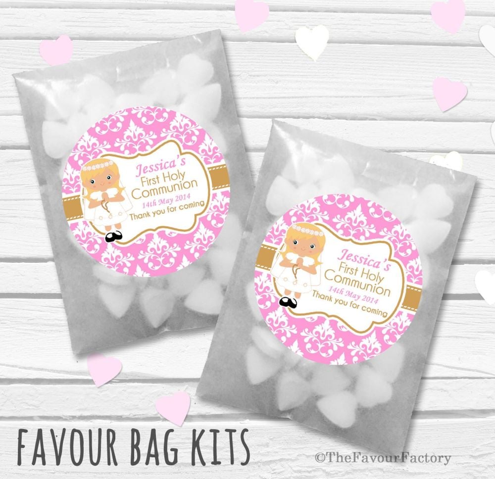 Damask Blonde Hair Girl Personalised Holy Communion Party Favours Glassine
