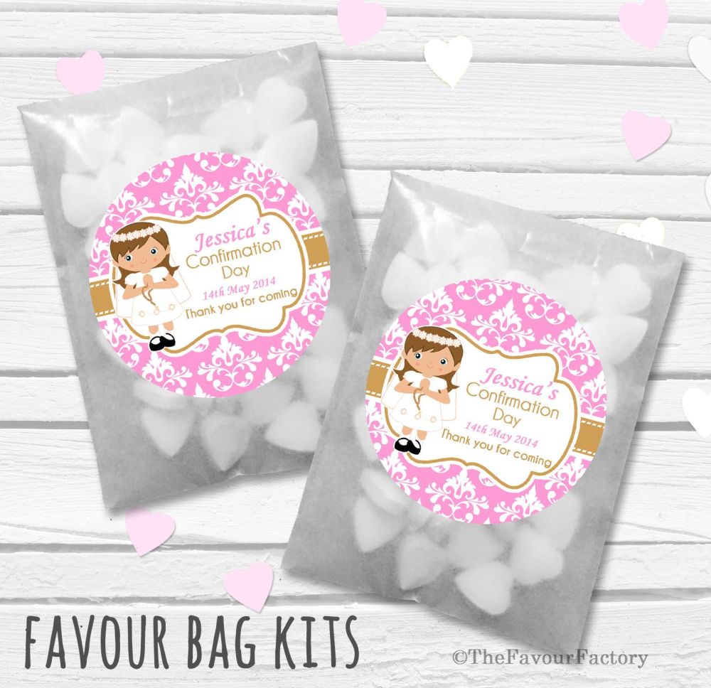 Damask Brown Hair Girl Personalised Holy Communion Party Favours Glassine B