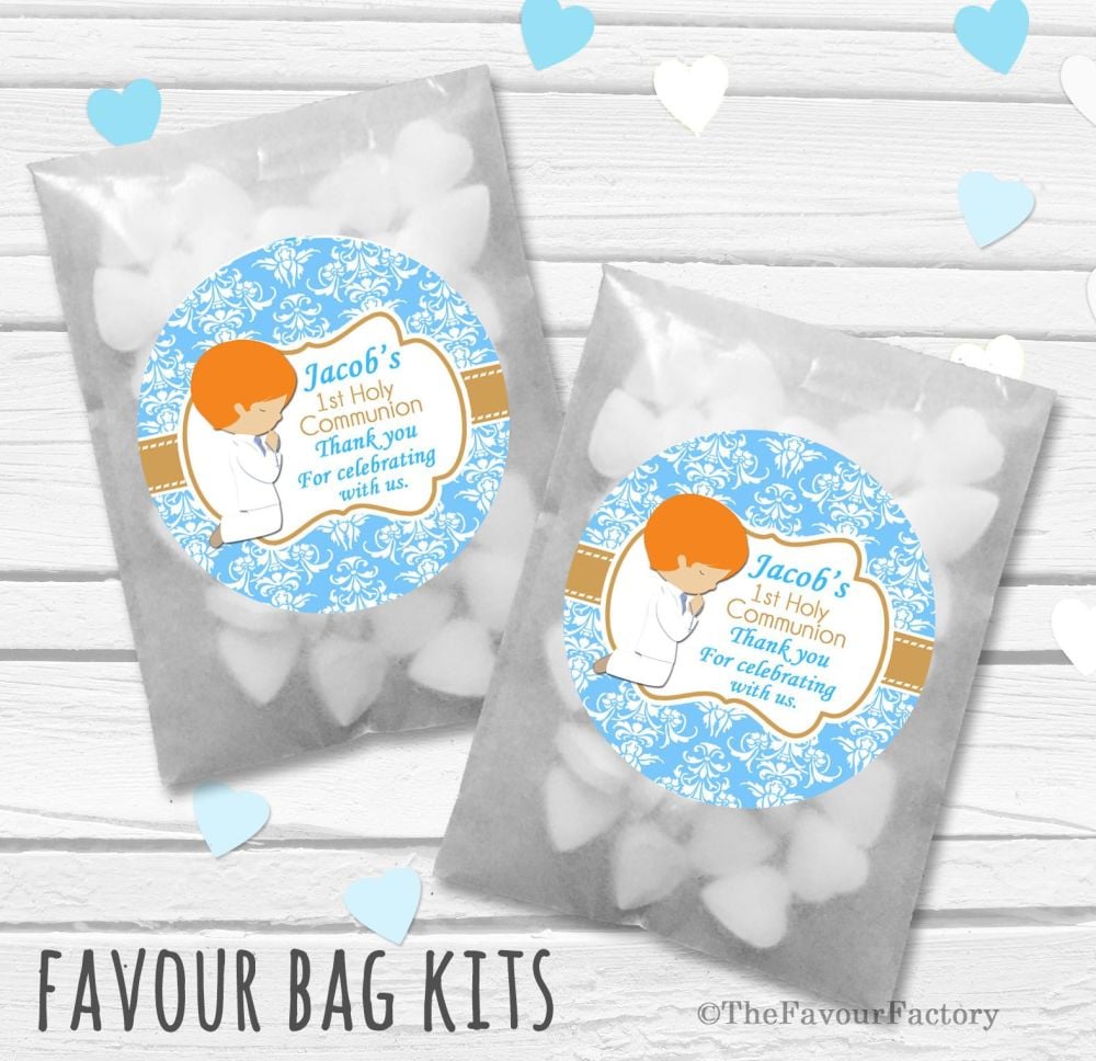 Praying Boy Ginger Hair Personalised Holy Communion Party Favours Glassine