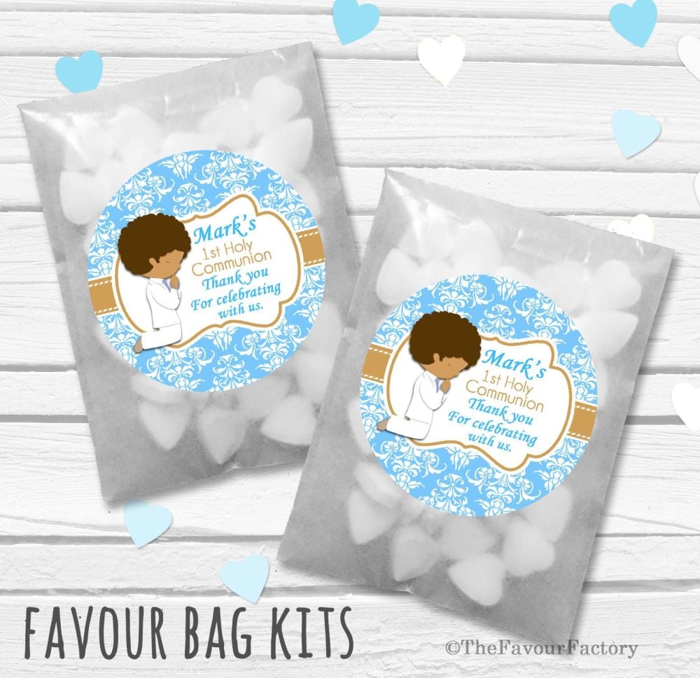 Praying Boy Black Hair Personalised Holy Communion Party Favours Glassine B