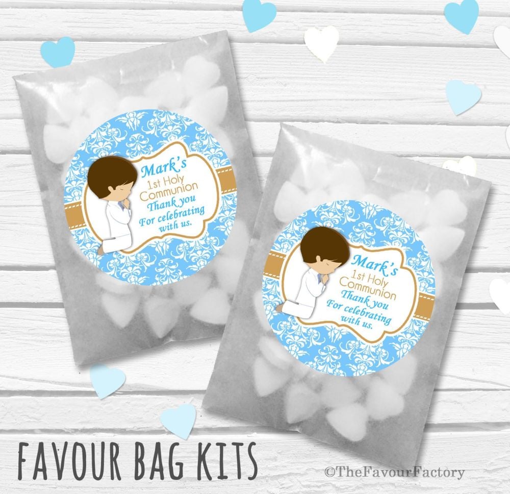 Praying Boy Brown Hair Personalised Holy Communion Party Favours Glassine B