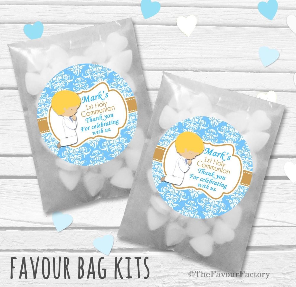 Praying Boy Blonde Hair Personalised Holy Communion Party Favours Glassine