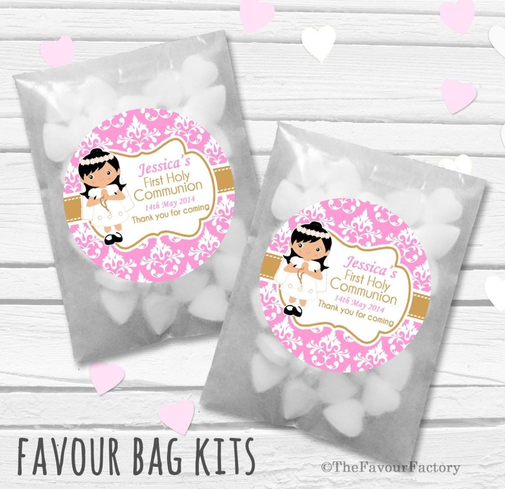 Damask Black Hair Girl Personalised Holy Communion Party Favours Glassine B