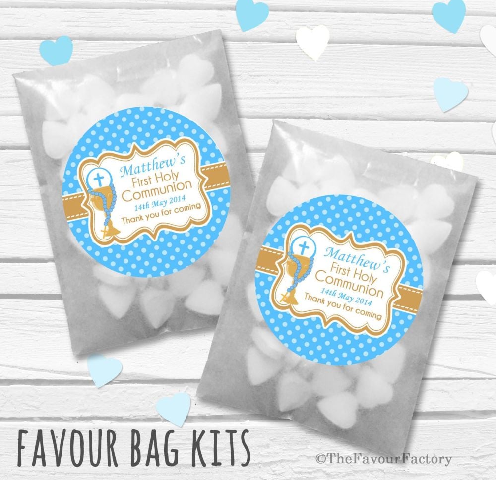 Chalice Blue Personalised Holy Communion Party Favours Glassine Bags Kits x