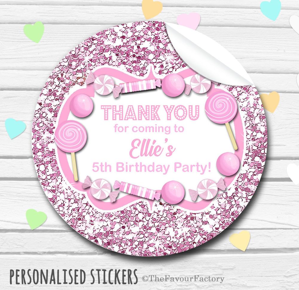 Glitter Pink Theme Candy Sweets Shop Style Personalised Stickers 1x A4 shee
