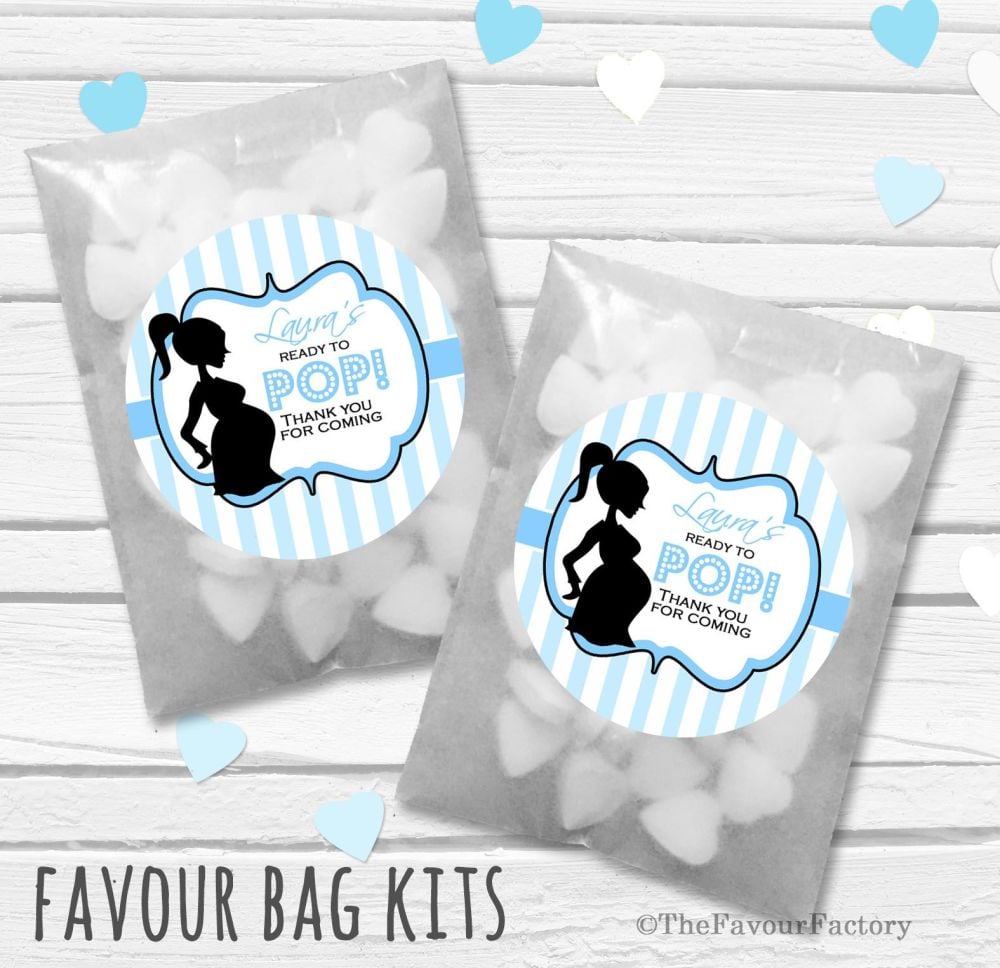 Ready to pop Blue Personalised Baby Shower Party Glassine Paper Favour Bags