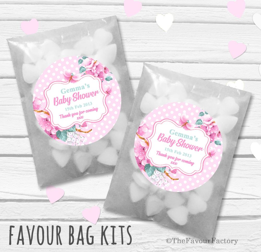 Floral Polka Dots Pink Personalised Baby Shower Party Glassine Paper Favour