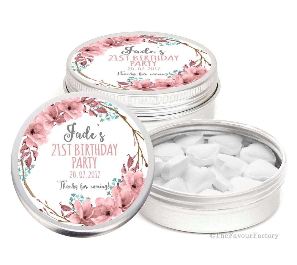 Boho Floral Wreath Personalised Birthday Party Favour Tins x1