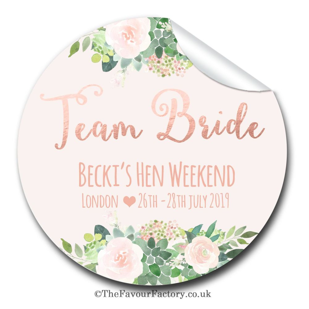 Team Bride Florals Personalised Hen Do Party Bag Stickers 1x A4 sheet