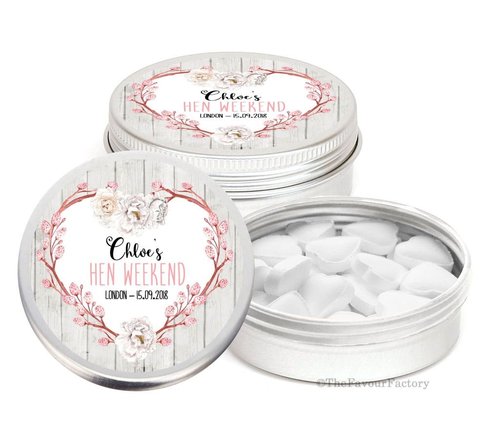 Rustic Floral Heart Personalised Hen Do Party Favours Mint Tins x1