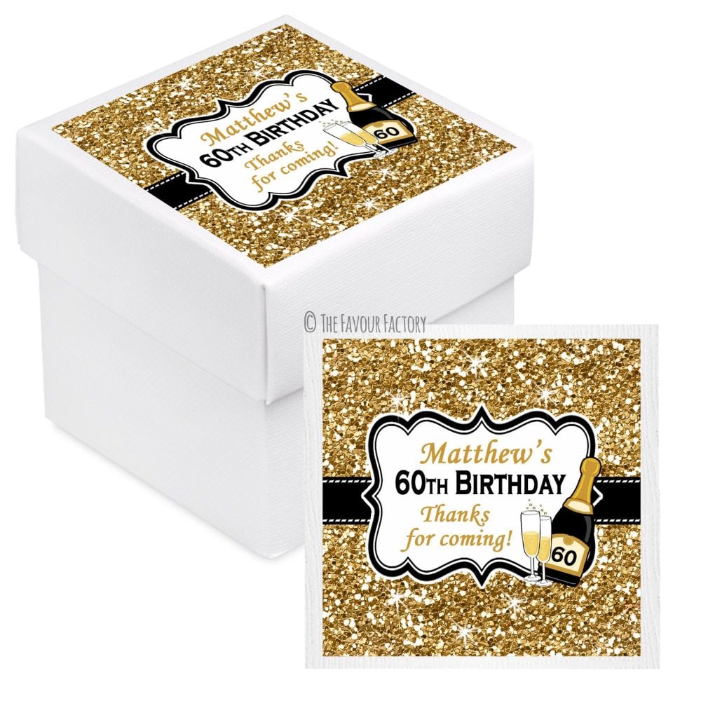 Champagne Gold Glitter Personalised Birthday Party Favour Boxes With Lids x
