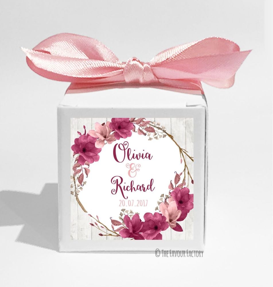 Boho Floral Wreath burgundy Rose Personalised Wedding Favour Cube Boxes KIT